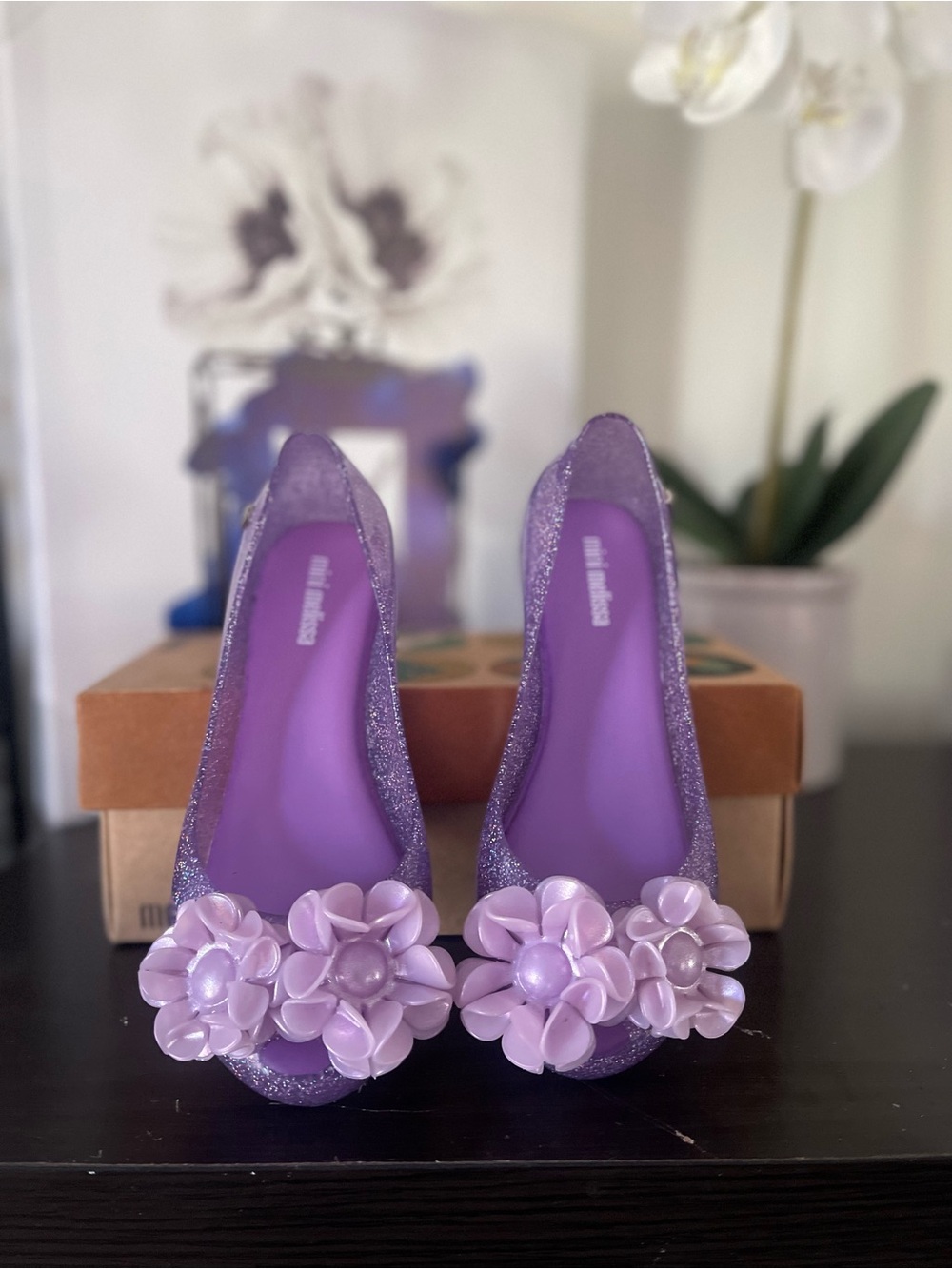 Mini Melissa Lavender Glitter Floral Jelly Flats for Kids